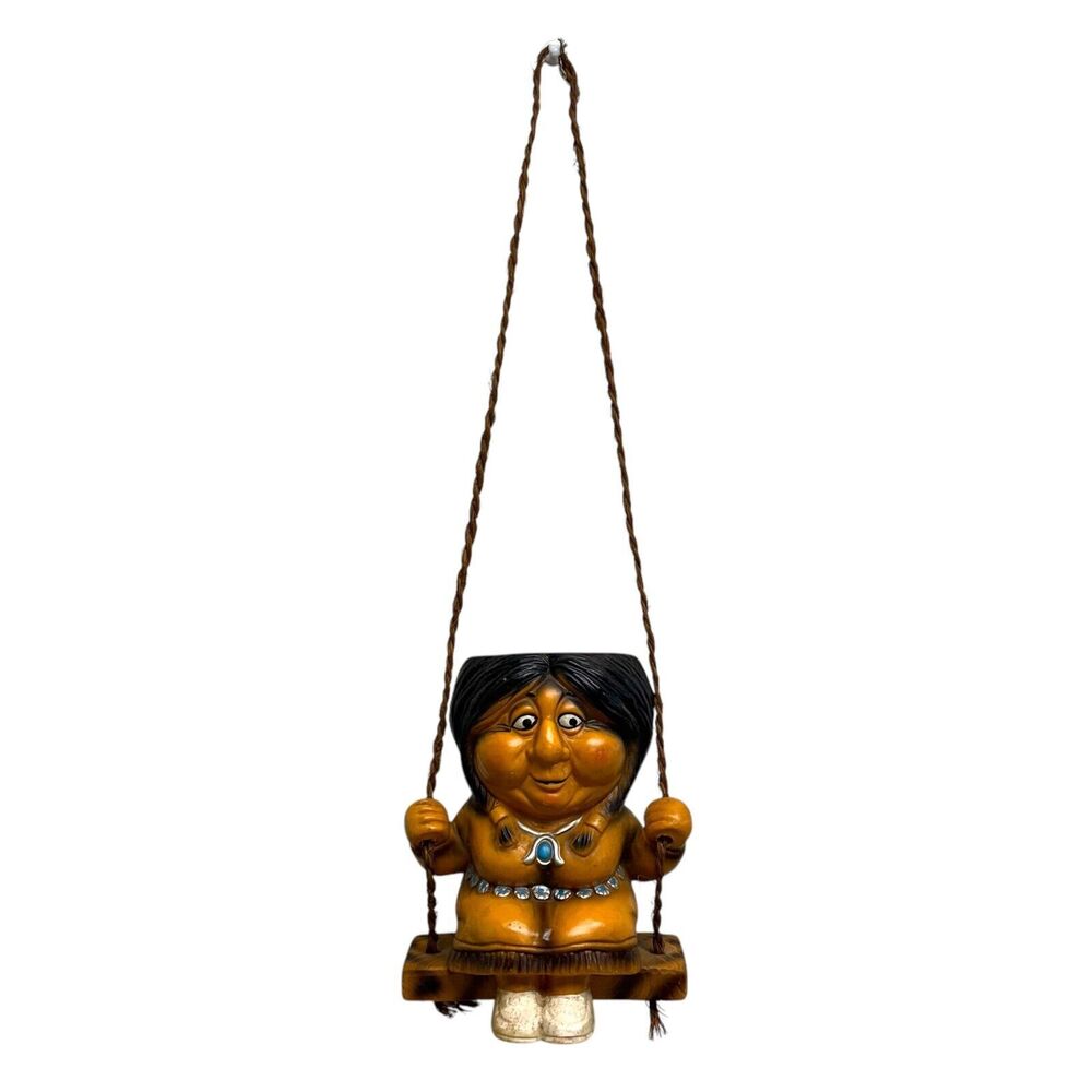 Vintage Native American Woman With Baby Hanging On Swing Twine Planter Pot Japan